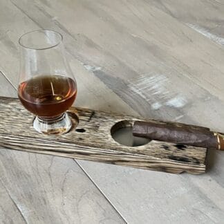 whiskey barrel cigar rest with ashtray and whiskey glass coaster