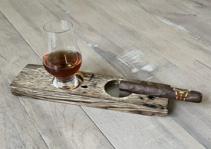 whiskey barrel cigar rest with ashtray and whiskey glass coaster