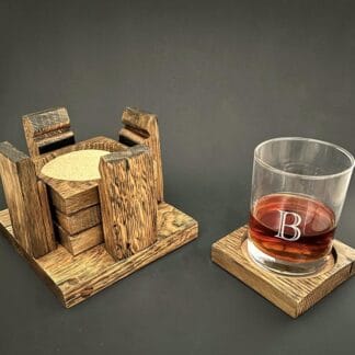 rustic whiskey barrel stave coaster set with caddy