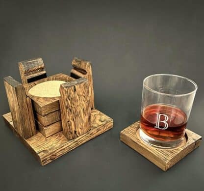 rustic whiskey barrel stave coaster set with caddy