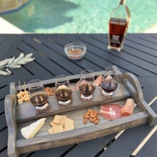 Whiskey barrel serving tray with beverage flight board