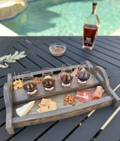 Whiskey barrel serving tray with beverage flight board