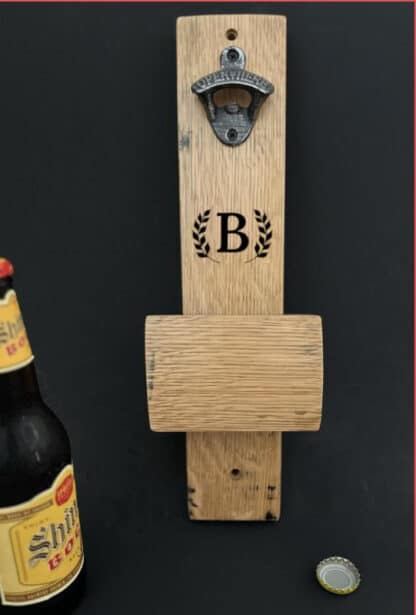 personalized wall mounted whiskey barrel bottle opener with cap collector