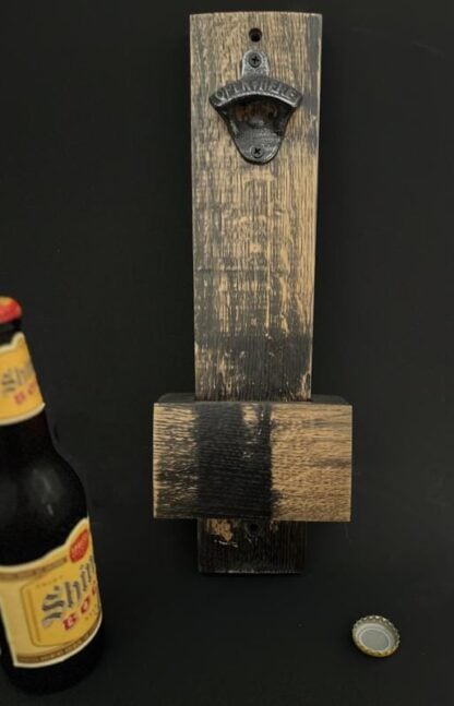 wall mounted whiskey barrel stave bottle opener with collection cup