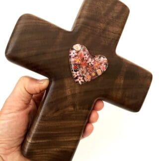 Handmade Black Walnut Wood Wall Cross with Millefiore Glass Heart Inlay