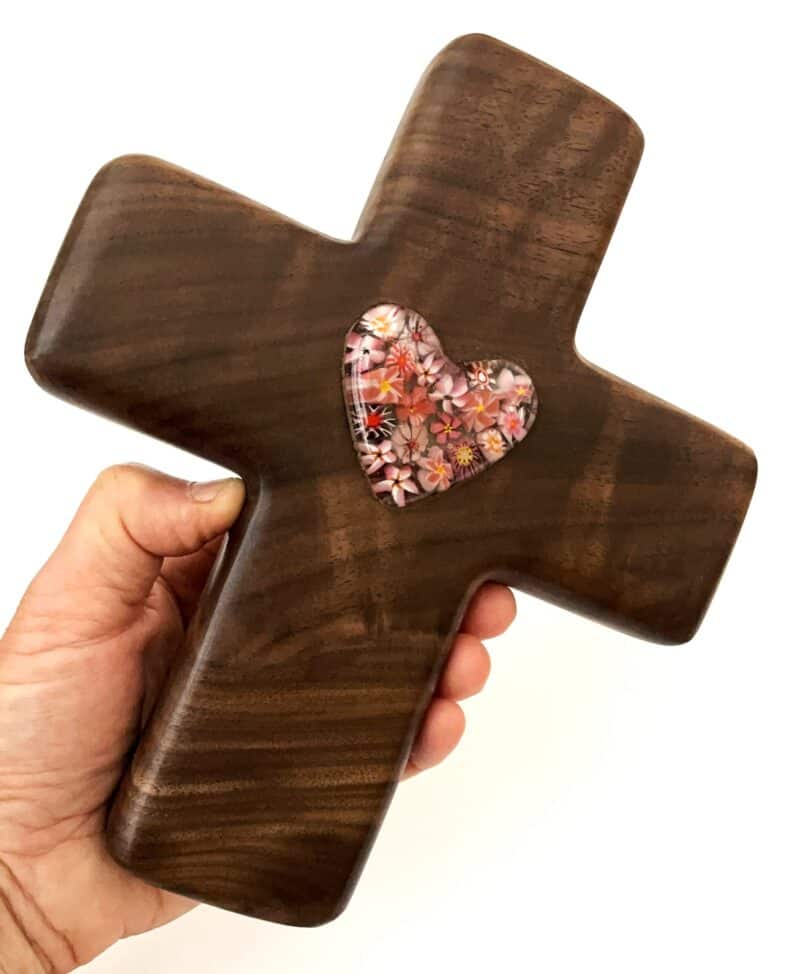 Handmade Black Walnut Wood Wall Cross with Millefiore Glass Heart Inlay