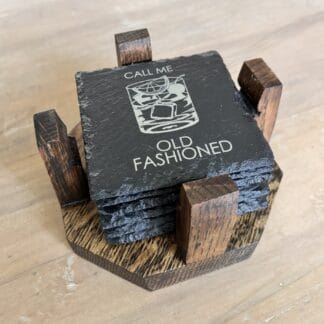 Reclaimed Whiskey Barrel & Slate Coaster Set & Caddy