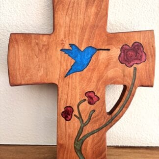 Wood Wall Cross with Signature Floral Stem & Hummingbird Inlay