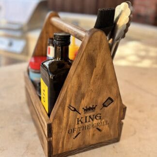 Wooden Grill Caddy with Bottle Opener – Engraved “King of the Grill"