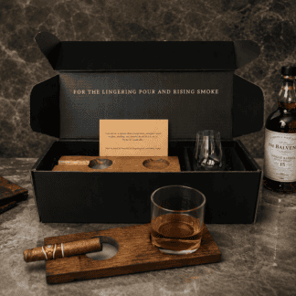 Whiskey Barrel Cigar Rest, Ashtray and Gift Box with Glass
